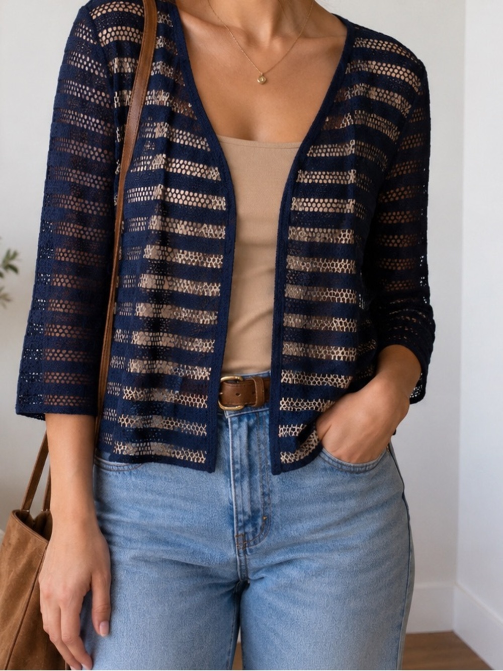 CJ Banks Open Front 3/4 Sleeve Navy and Beige Dressy Netted Cardigan Large